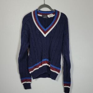 Peninsula Women Chunky Knit Sweater Size S VNeck Red White Blue Preppy
